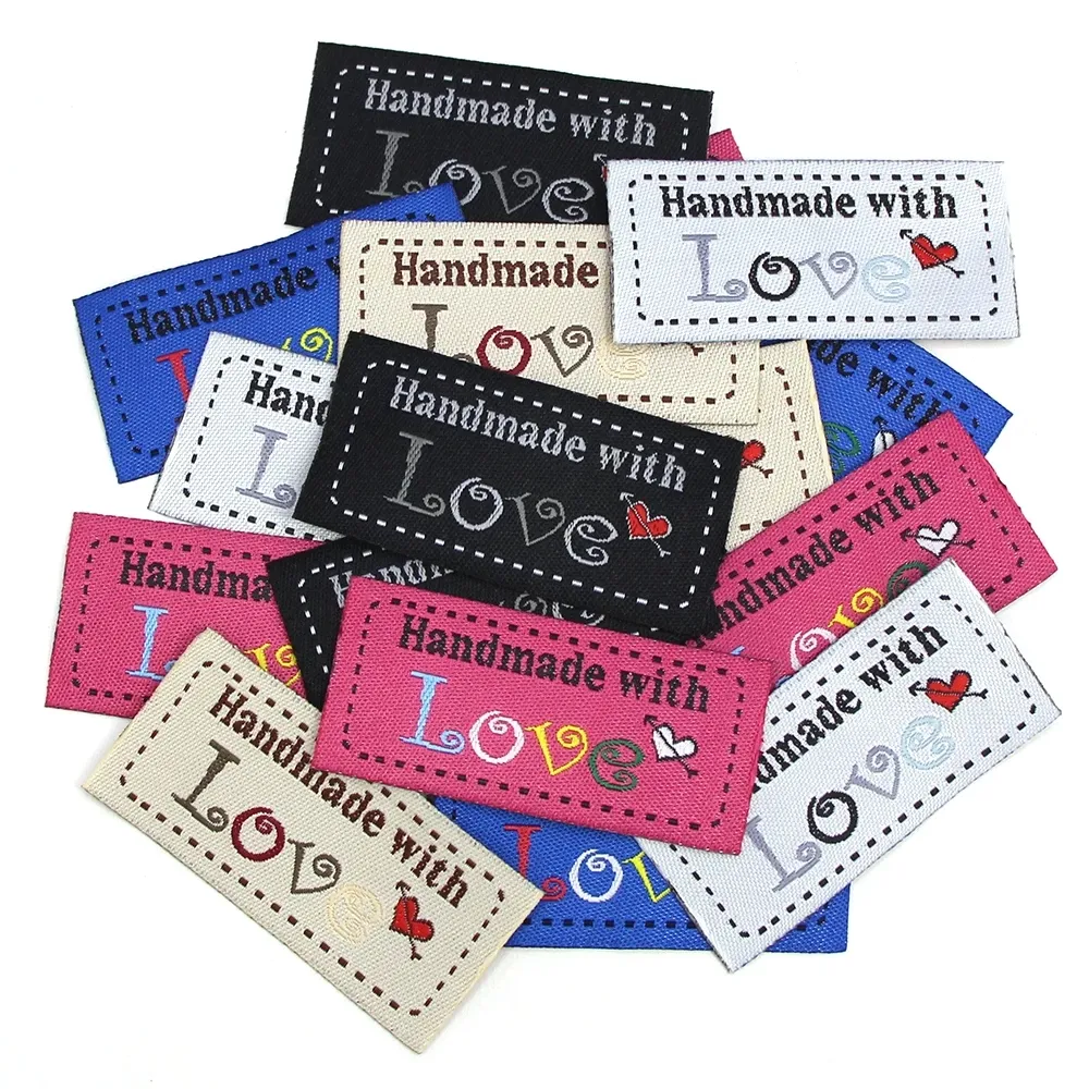 Hut Geschenk Tasche Kleidungs stück Zubehör benutzer definierte Liebe Stoff Tags handgemachte Etiketten 50*25mm Näh stoff gewebte Band Etikett