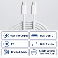 Câble en nylon tressé double USB-C 60W, charge rapide PD, 1m/1,5m/2m, garantie 12 mois pour iPhone et ordinateur portable