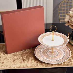 Soporte de pastel de cerámica de 2 niveles con estampado geométrico colorido, bandeja de postres de porcelana con asa dorada para té de la tarde o bodas. - Product Image 4