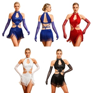 Women Practice Wear Training Latin Dance Fringed Dress With Long Gloves <b>Sequined</b> Dresses For Performance Competition Stage Shows - Product Image 1