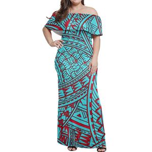 Vestido Maxi Casual <span class=keywords><strong>de</strong></span> <span class=keywords><strong>Mujer</strong></span> con Hombros Descubiertos y Volantes, Estampado Tribal Polinesio Samoano, Tallas Grandes, Largo hasta <span class=keywords><strong>el</strong></span> Suelo, para Dropshipping - Product Image 1