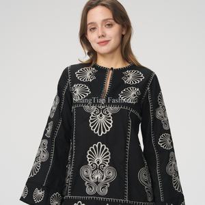 Nuevo Diseño, Vestido de Verano de Alta Calidad para Mujer, Sexy, de Manga Larga, Cintura Ajustada, Bordado, Mini Vestido de Lino - Product Image 5