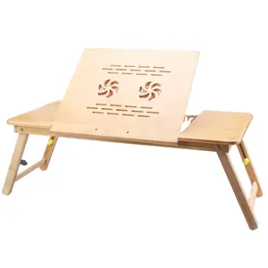 Factory price bamboo laptop desk bamboo adjustable folding bed laptop table with cooling fan