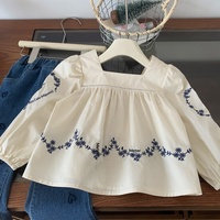 Chemise à manches longues en coton mélangé brodée à motif floral de style coréen, col carré, nouvelle collection printemps 2026 pour filles