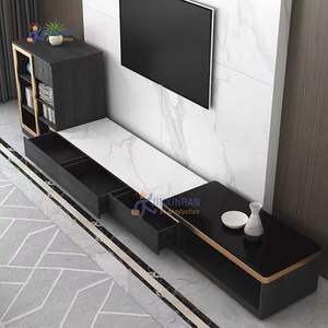 Mueble de Salón Moderno con Soporte para Televisor de Vidrio Telescópico Negro Brillante con Efecto Marmolado y Estantería para Libros - Product Image 4