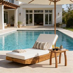 Acacia Wood Modern Luxury Chaise <strong>Lounge</strong> Cushion Teak Finish Eco-Friendly Outdoor Recliner Cream Water-Repellent <strong>Pool</strong> <strong>Lounge</strong> - Product Image 1