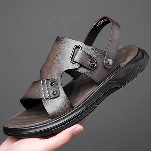 รองเท้าแตะหนังแบบเปิดนิ้วเท้าสำหรับผู้ชาย พื้นหนา รองเท้าลำลองชายหาด สวมใส่สบาย สีพื้น สีน้ำตาล สีเทา สีดำ 2311 - Product Image 1