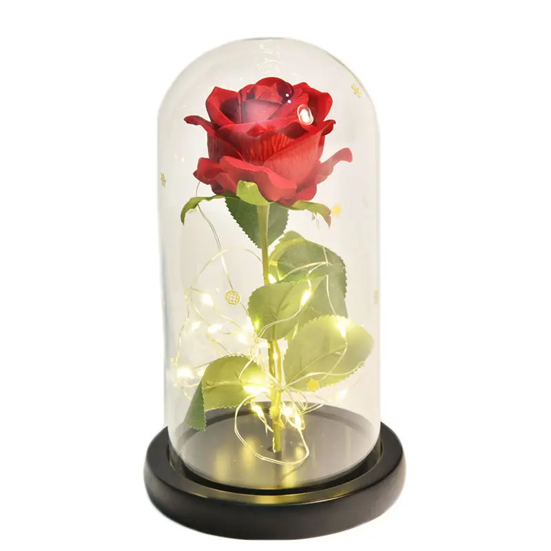 Groothandel Home Decor Kunstmatige Koningsblauwe Roos Bloemen In Glazen Koepel Met Led Licht Cadeau Bloemenset