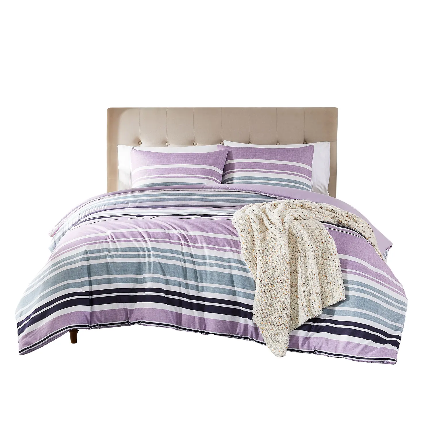 Nuevo juego de edredón de lujo de 3 piezas con rayas moradas y grises, ropa de cama de poliéster con bloques de color en calidad superior