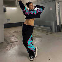 Setelan olahraga berat katun cetak Graffiti kustom 2 buah French Terry cat tangan Pullover Crop Hoodie dan Set Jogger wanita