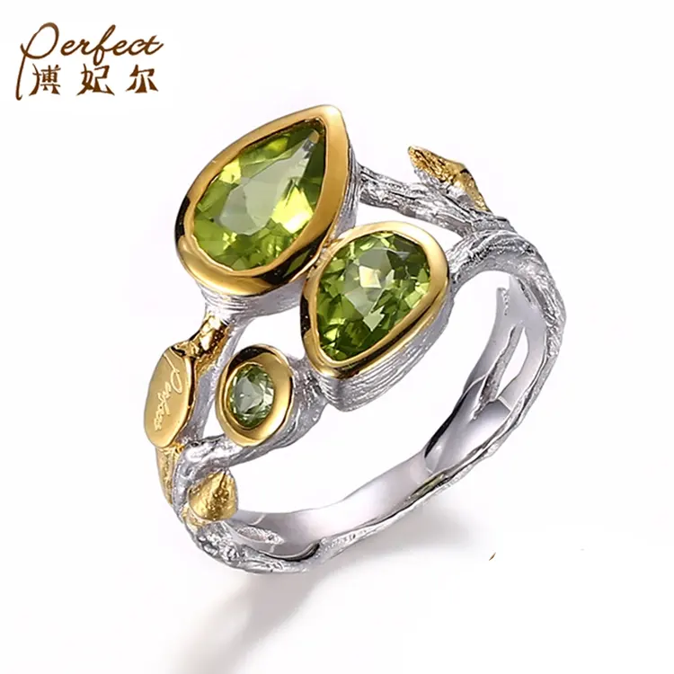 Batu Peridot Alami Buatan Tangan, Cincin Halus Perak Murni 925