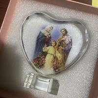 Plaque en cristal personnalisée en forme de cœur, impression religieuse de la Sainte Famille, récompense en verre avec base LED pour la fête des mères, Thanksgiving et cadeau religieux