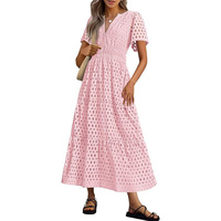 Robe longue à œillets pour femme 100% coton, manches courtes, col en V, taille smockée à volants, broderie ajourée, robe de plage pour les vacances