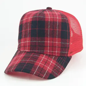 男女通用高级高尔夫棒球帽头饰户外透气透气网眼红色5面板格子卡车司机帽