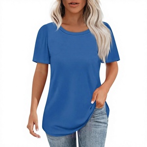 T-shirt décontracté vintage de qualité pour femme, col rond, motif personnalisé, bordure en dentelle de coton, 50 couleurs en stock, mélange de spandex, coupe naturelle à la taille - Product Image 1