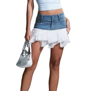 New Arrivals Women Skirt <b>White</b> <b>Chiffon</b> Ruffles Asymmetrically Hem Denim Mini Skirt Jeans Skirt for Women - Product Image 1