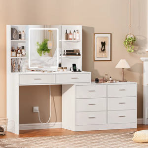 Espejo con luz LED Toma de corriente Esquina moderna Escritorio de tocador con 8 cajones Estantes abiertos Tocador Dormitorio Sala de maquillaje - Product Image 1