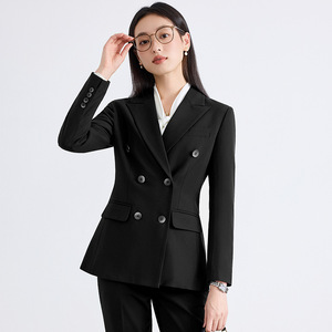 Women's Suit Set Double Breasted Navy Blue Polyester Anti-Wrinkle Office Lady Spring Formal Business Wear Full Sleeve - Product Image 2