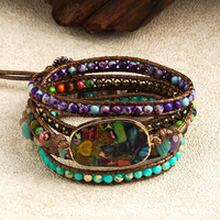 Bracelet Bohème Multicouche à 5 Brins en Cordon de Cuir Tressé avec Pierres Rectangulaires de Jaspe Impérial, Turquoise et Améthyste