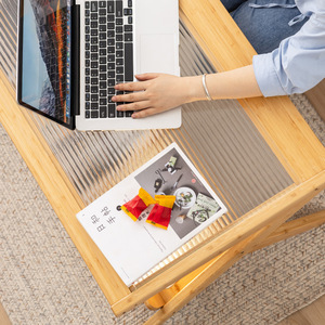 Glass Coffee <b>Table</b> Natural <b>Wood</b> Rattan Top Tempered Glass Rectangular Simple Design For <b>Small</b> Homes - Product Image 3