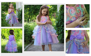 Robe de princesse florale pour enfants, avec volants, dentelle, tulle, motif de baldaquin rose, nœud papillon, robe de fête et de mariage pour filles - Product Image 4