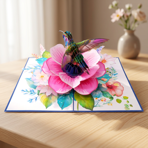 Meilleure Vente : Carte Pop-Up Fleur d'Anémone Coronaria et Colibri, Artisanat Floral en Papier Fait Main, Style Animalier Tendance du Vietnam - Product Image 2
