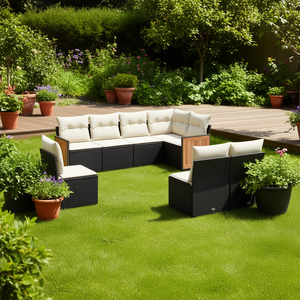 Ensemble de canapés de jardin en rotin noir avec coussins crème, 6 places, mobilier d'extérieur, design contemporain, structure en teck - Product Image 2