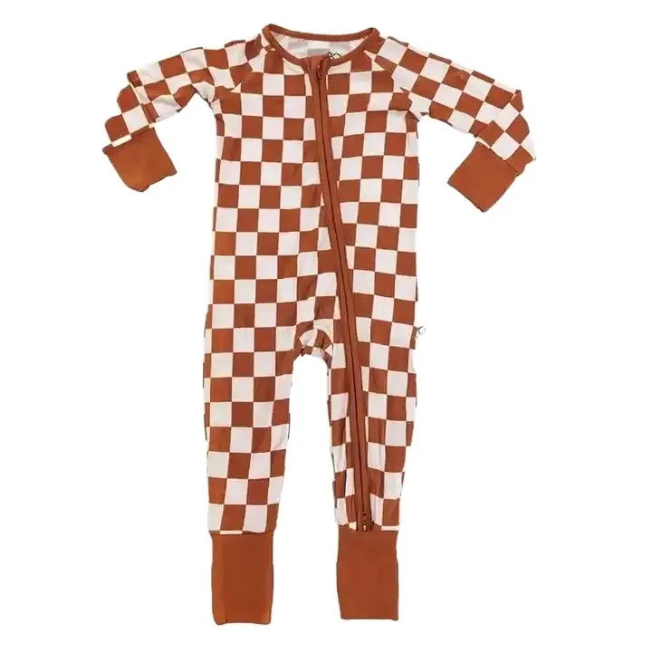 Custom Checker bamboo zip baby pajamas toddler neutral boys girls footie romper pajamas