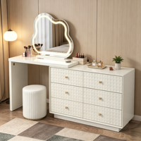 Coiffeuse Moderne de Luxe en Bois Massif Blanc Personnalisable avec Miroir LED Éclairé, Meuble de Rangement et Tabouret