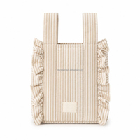 Bolsa Colgante para Cochecito de Bebé con Borde de Volantes, Diseño Personalizado con Logotipo, Rayas Impresas, Cierre de Cordón y Correas con Cierre a Presión
