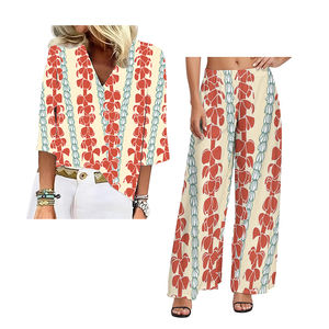 Factory <span class=keywords><strong>Outlet</strong></span> Polynesian Samoan Tribal Style Elei Printing Camiseta de manga de 7 puntos con cuello en V para <span class=keywords><strong>mujer</strong></span> y pantalones de pierna ancha de gran tamaño - Product Image 3