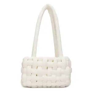 Korean Custom DIY Handmade Knitted Icelandic Yarn Underarm Clutch Crochet Checkerboard Thick Soft Cotton Rope Woven Handbag