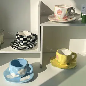 Sonhui Ins Retro Handmade Cốc Cà Phê Và Đĩa Trà Buổi Chiều Cốc Gốm Nhẹ Sang Trọng Mug