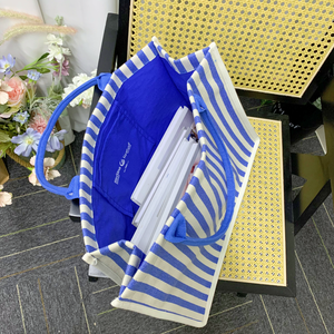 High Quality Canvas Tote <b>Bag</b> Durable Blue Stripe Shopping <b>Bag</b> With Handle Large Capacity <b>Travel</b> Beach <b>Bag</b> <b>for</b> <b>Women</b> - Product Image 6