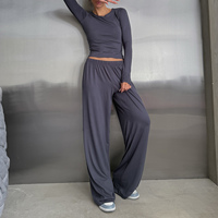 Ensemble de vêtements de détente pour femmes en deux pièces, imprimé bleu gris automnal, haut à manches longues à col rond, pantalon ample à jambes larges, décontracté, polyester/coton
