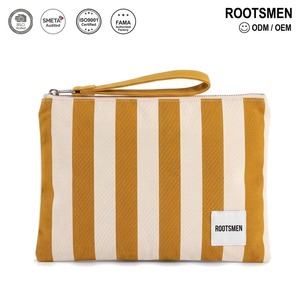 Bolsa de Maquillaje Plana Tipo Clutch, Color Mostaza y Beige, de Lona de Algodón a Rayas, Bolsa Cosmética Delgada con Correa para la Muñeca, Cierre de Cremallera, Logotipo Personalizado OEM - Product Image 5