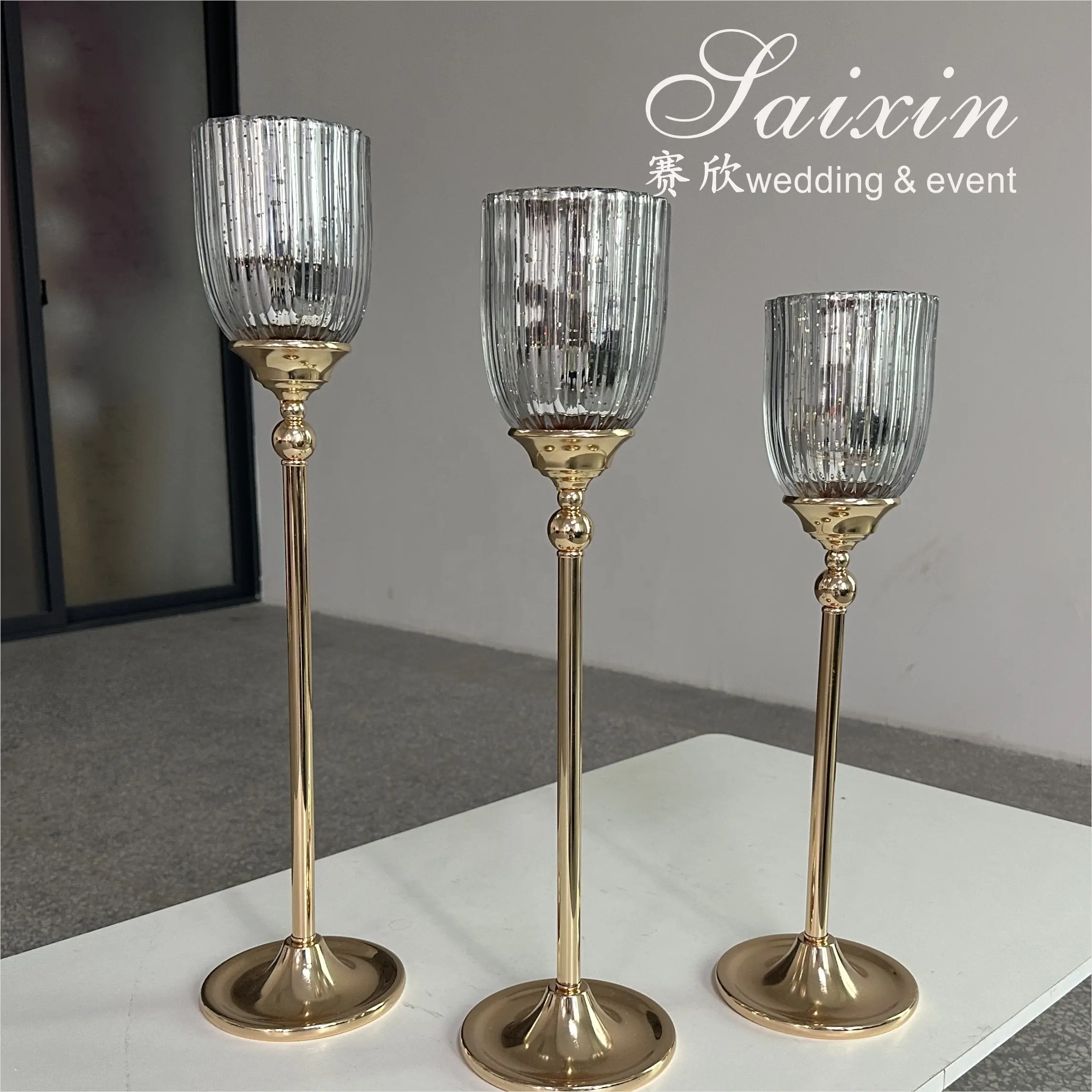 Hot Sale Wedding Decoration Candlestick 3 Pcs Gold Candle Holder With Silver Globes