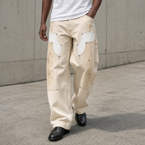Pantalon <span class=keywords><strong>cargo</strong></span> ample personnalisé pour <span class=keywords><strong>homme</strong></span>, <span class=keywords><strong>beige</strong></span>, avec empiècements patchwork, multi-poches, coupe large, style utilitaire - Product Image 1