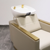 Bac de lavage de luxe inclinable pour salon de coiffure, fauteuil de lavage chromé en cuir avec fonction massage
