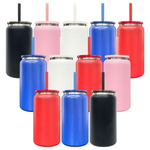 Gobelet isotherme en acier inoxydable à double paroi de 16 oz, noir plaqué sous revêtement poudré, avec couvercles et pailles, personnalisable avec logo - Product Image 1