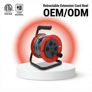 Enrollador de Cable Eléctrico Retráctil Linsheng de Alta Resistencia 14/3 SJTW de 50 Pies, Impermeable para Exteriores, con 4 Tomas de Corriente y Soporte Metálico - Product Image 1