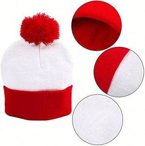 Custom Logo Winter Fold Over Cuffed Knit <b>Hat</b> Red White Pom Beanie for Holiday Promotions - Product Image 3
