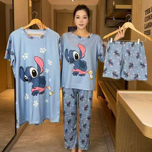 Set di abbigliamento estivo in quattro pezzi da donna nuovo Design a cartoni animati con elastico in vita <span class=keywords><strong>pigiama</strong></span> <span class=keywords><strong>pantaloni</strong></span> <span class=keywords><strong>lunghi</strong></span> XS sottile manica corta camicia da notte anteriore - Product Image 3