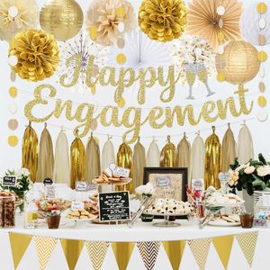 Decoraciones para Fiesta de Compromiso, Guirnalda de Borlas de Papel con Lentejuelas Doradas y Pancarta 'Feliz Compromiso' para Despedida de Soltera y Baby Shower - Product Image 6