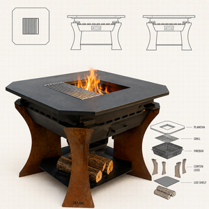 Barbecue <span class=keywords><strong>Plancha</strong></span> Carré Extérieur Personnalisé en <span class=keywords><strong>Acier</strong></span> <span class=keywords><strong>Corten</strong></span> Écologique Thermolaqué avec Foyer à Bois et Rangement pour Bois de Chauffage - Product Image 3