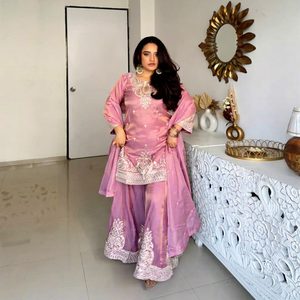 Ensemble Salwar Kameez brodé rose, costume pakistanais avec dupatta en filet, dentelle, tenue traditionnelle pour mariage et fête - Product Image 1