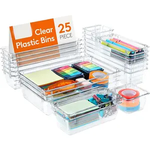 25 Stk. durchsichtiges Kunststoff-Schublade-Organisator-Set 4 Größen Schreibtisch Schublade Teiler Organisatoren und Aufbewahrungsbehälter Gadgets für Make-Up Schmuck