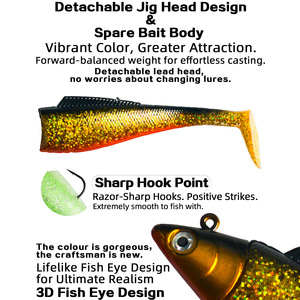 Señuelo de pesca de lubina con cabeza de pez y cola en T, jig head de 2 cuerpos, ojos 3D realistas, plomo desmontable, alta visibilidad, brillo UV - Product Image 4
