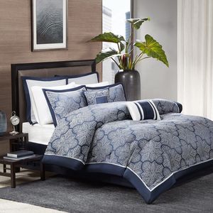 Juego de edredón de Jacquard de 8 piezas DB, patrón de rayas moderno, tamaño Queen con 3 uds, fundas de almohada, relleno de PVC de poliéster para hoteles - Product Image 1