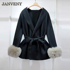 Giacca Invernale di Media Lunghezza in Cashmere da Donna JANVENY con Maniche con Inserti in Vera <span class=keywords><strong>Pelliccia</strong></span> di Volpe Naturale e Revers in Tinta Unita <span class=keywords><strong>Cappotto</strong></span> di Lana con Cintura - Product Image 3